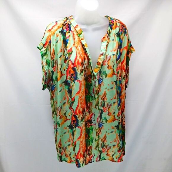Soft Surroundings Blouse Vibrant Multicolored Abstract Pattern V-neckline Large. - Picture 1 of 11